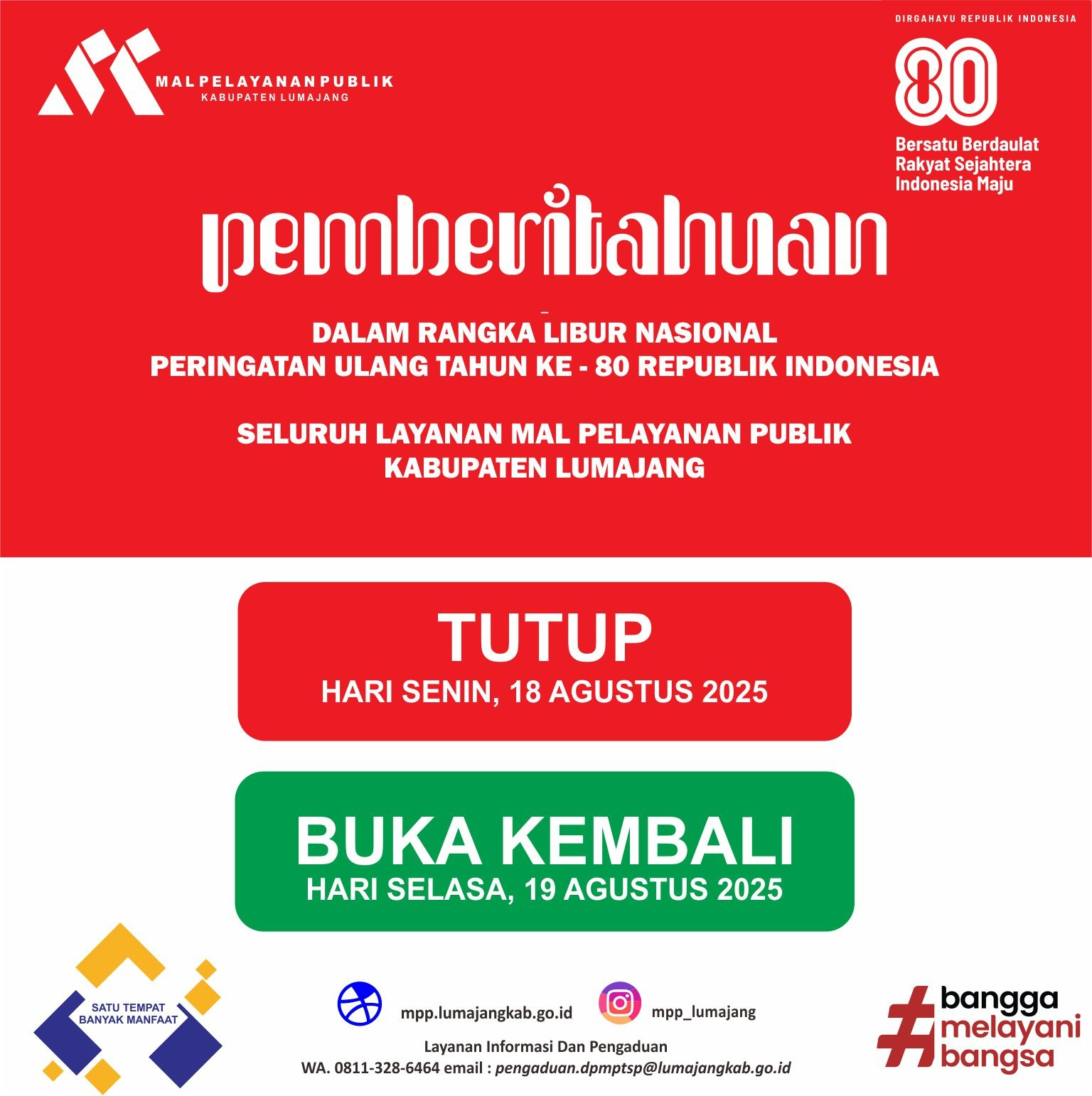 Cuti Bersama 18 Agustus 2025, seluruh gerai di MPP Kabupaten Lumajang TUTUP